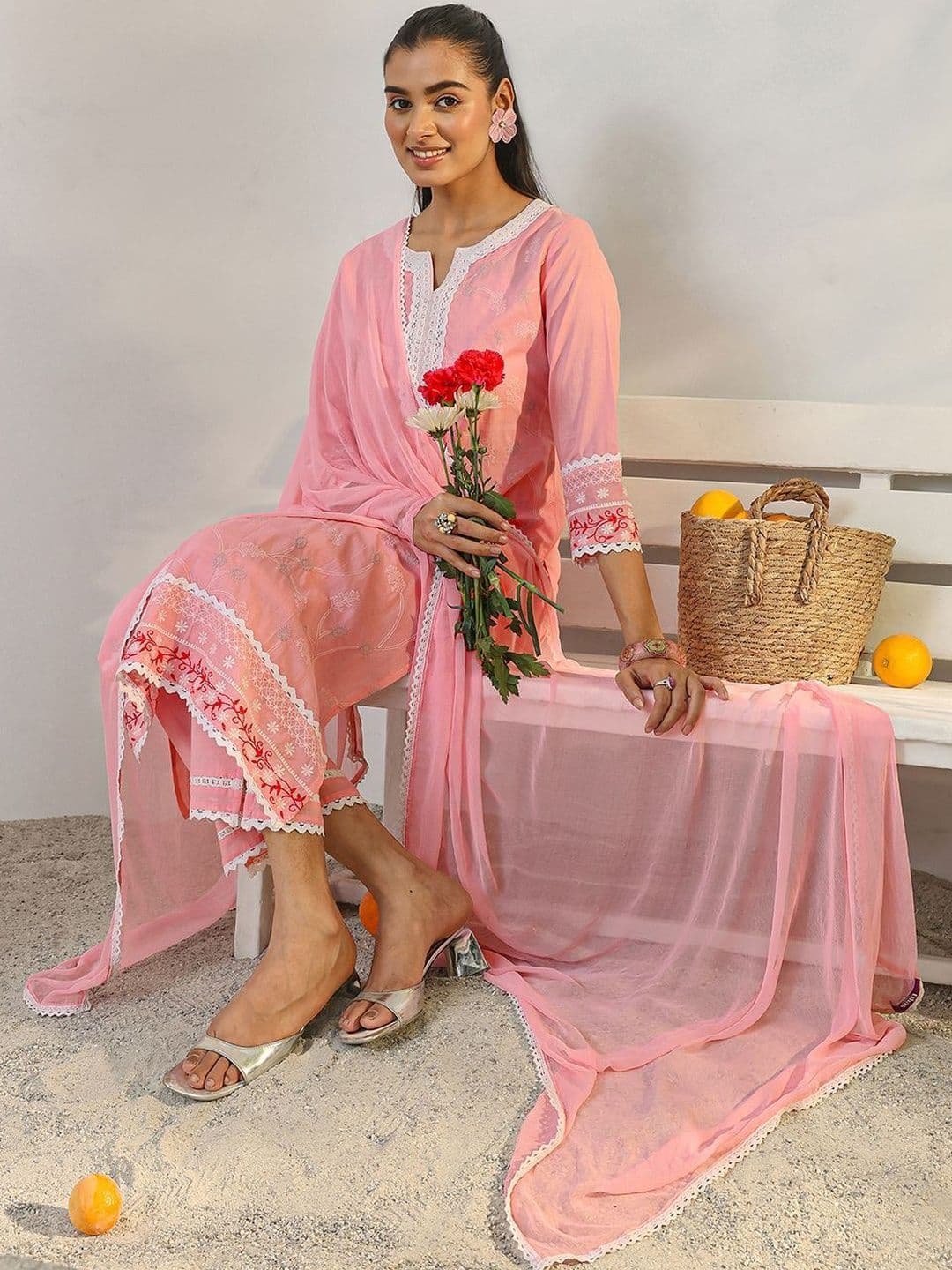 Libas Pink Floral Embroidered Cotton Straight Suit Set With Dupatta - view 1