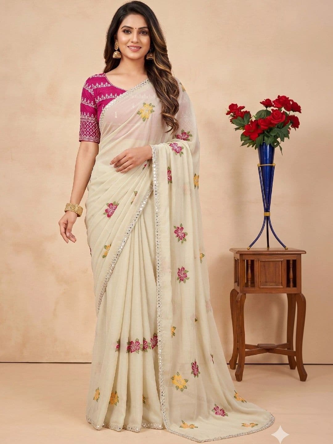 SmileyFashion Floral Mirror Work Poly Chiffon Designer Saree - view 1