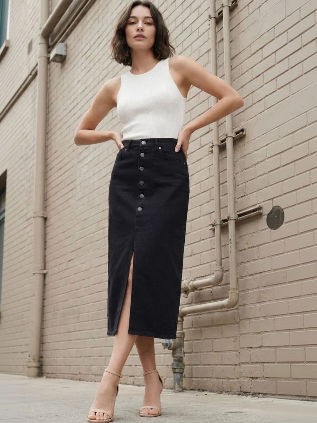 Pink Clap Fashion Women Denim Front Slit Midi Straight Skirt thumbnail 3