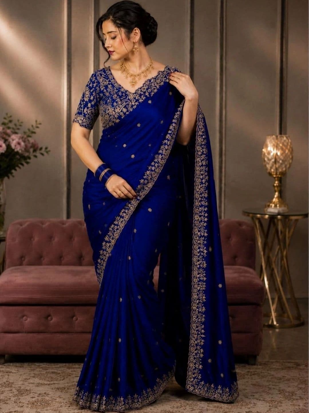 DHARMEE Ethnic Motifs Embroidered Satin Heavy Work Maheshwari Saree thumbnail 4