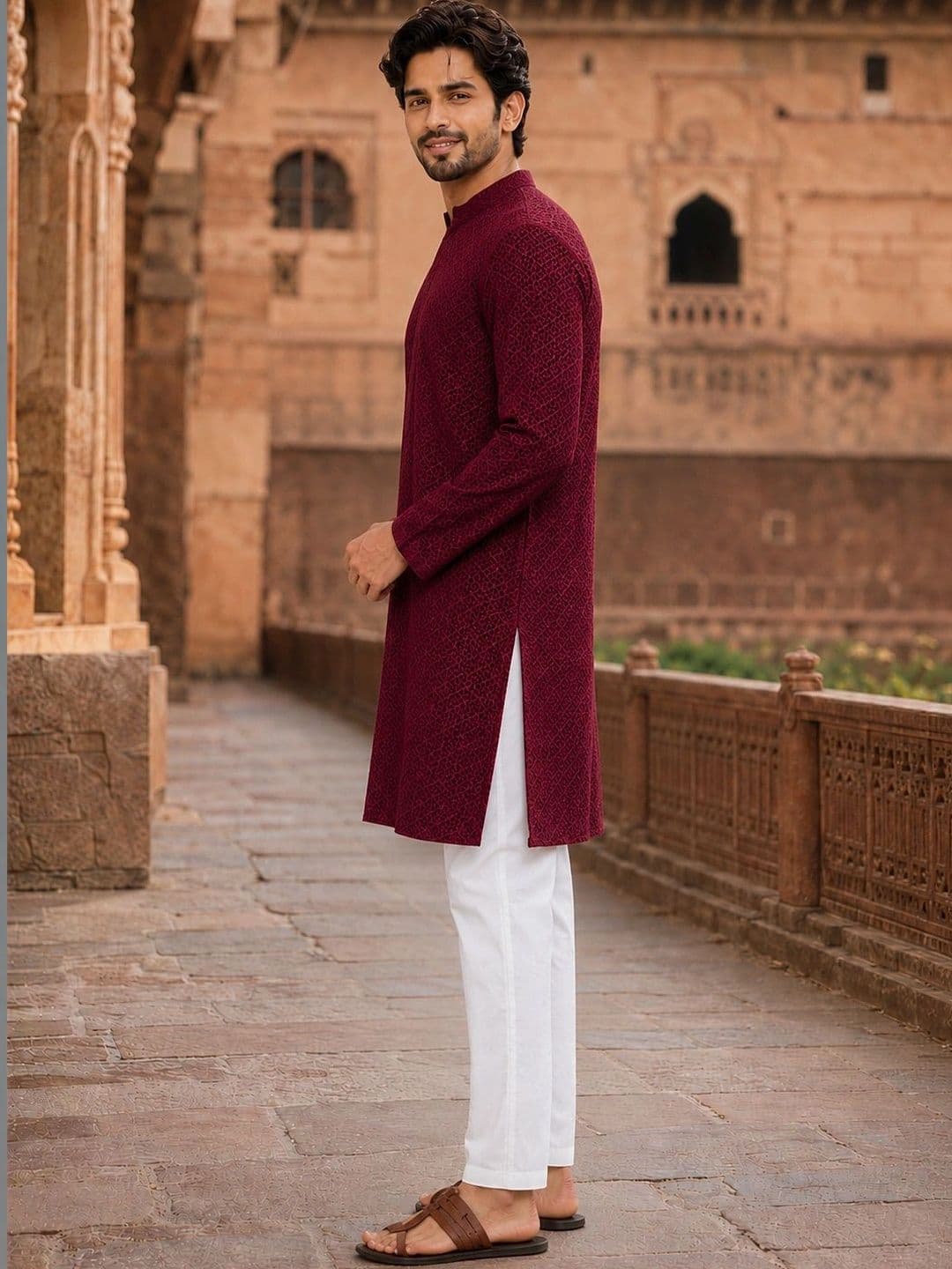 See Designs Geometric Embroidered Mandarin Collar Chikankari Straight Kurta thumbnail 2