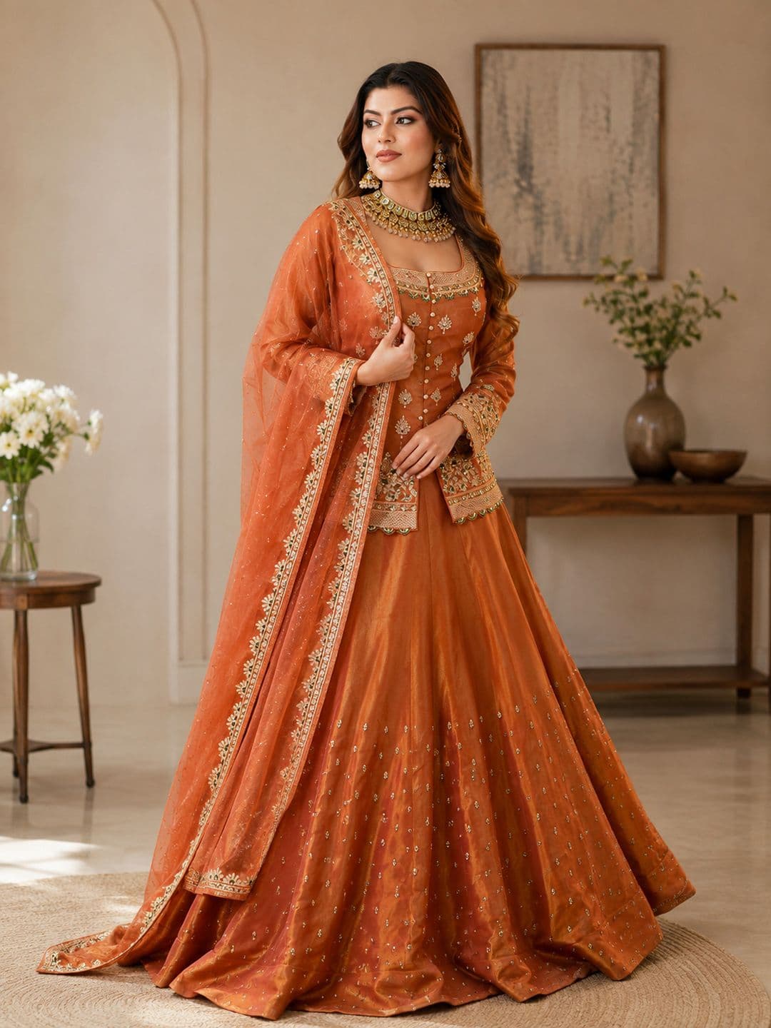 KRYSAL Motifs Embroidered Thread Work Chanderi Silk Kurta with Skirt & With Dupatta thumbnail 4