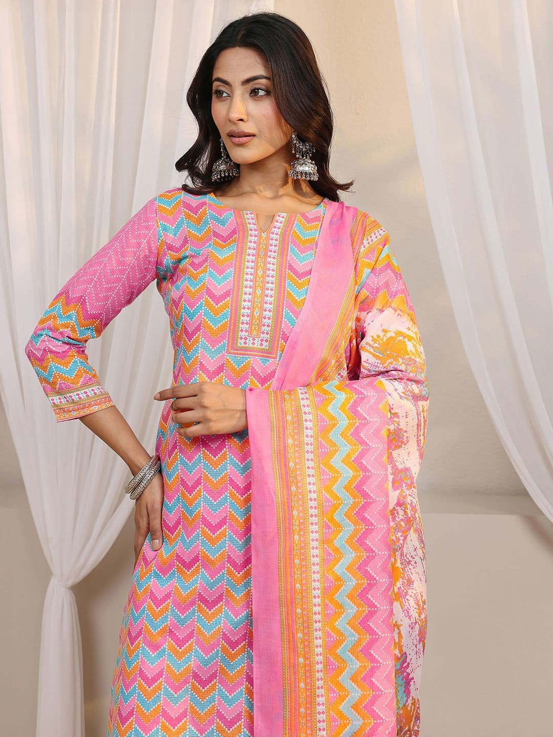 Gerua By Libas Libas Pink Chevron Printed Straight Suit Set with Dupatta thumbnail 6