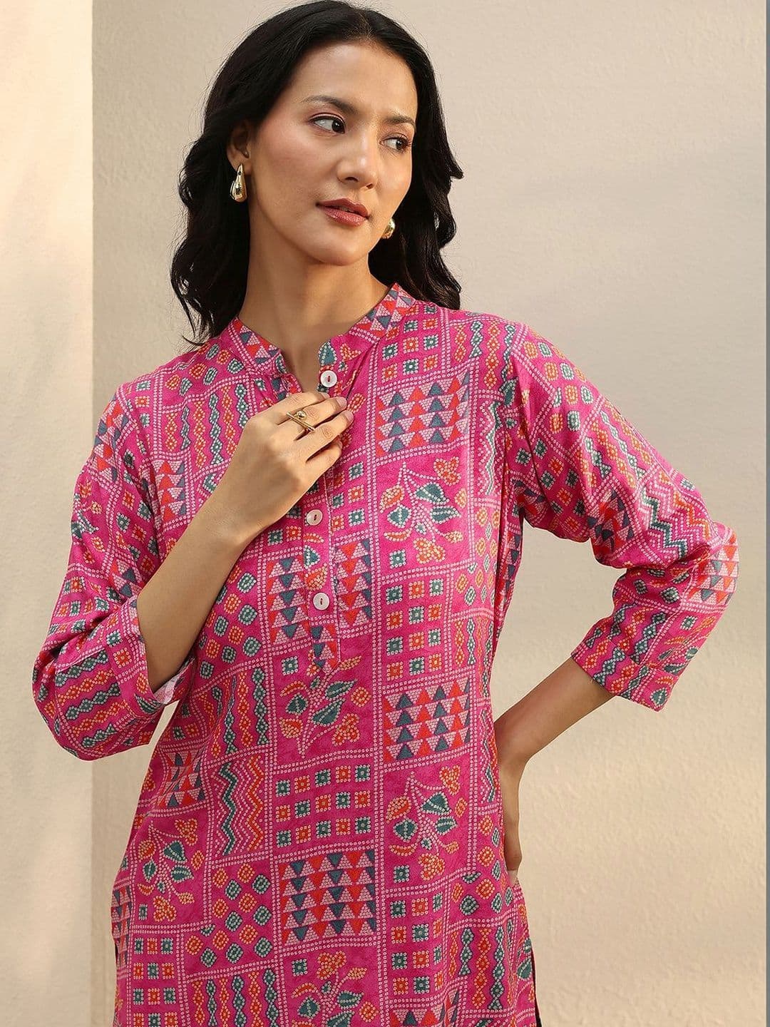 Libas Pink Multi Printed Rayon Straight Tunic thumbnail 3