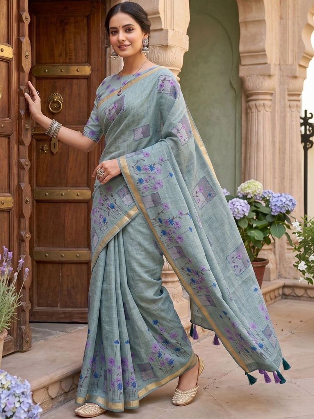 OLIVE SAGE Floral Linen Blend Tussar Saree thumbnail 7