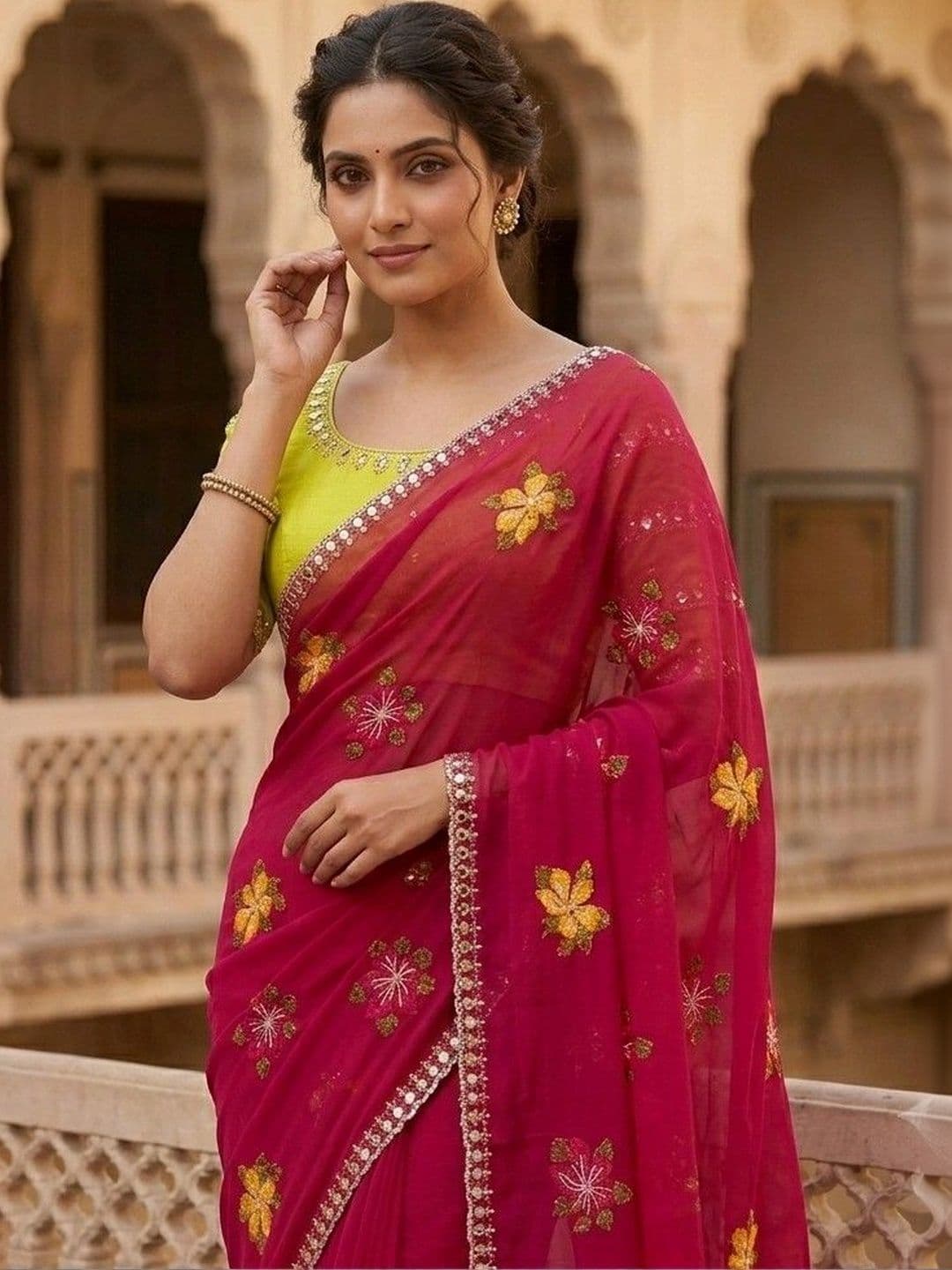 SmileyFashion Floral Mirror Work Poly Chiffon Designer Saree thumbnail 4