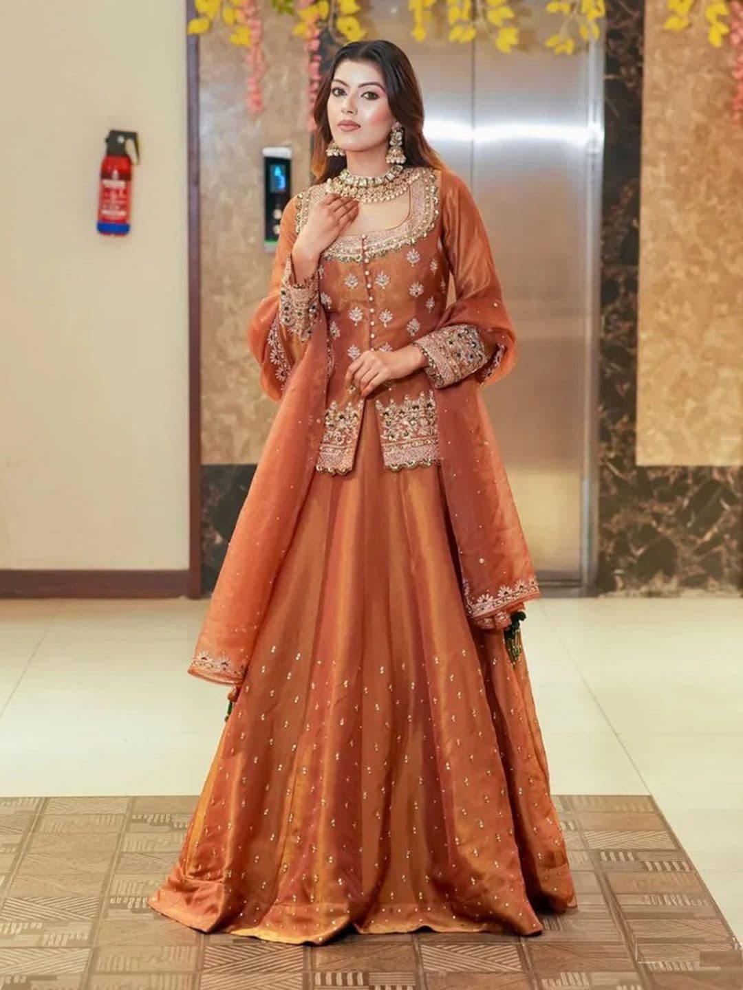KRYSAL Motifs Embroidered Thread Work Chanderi Silk Kurta with Skirt & With Dupatta thumbnail 2