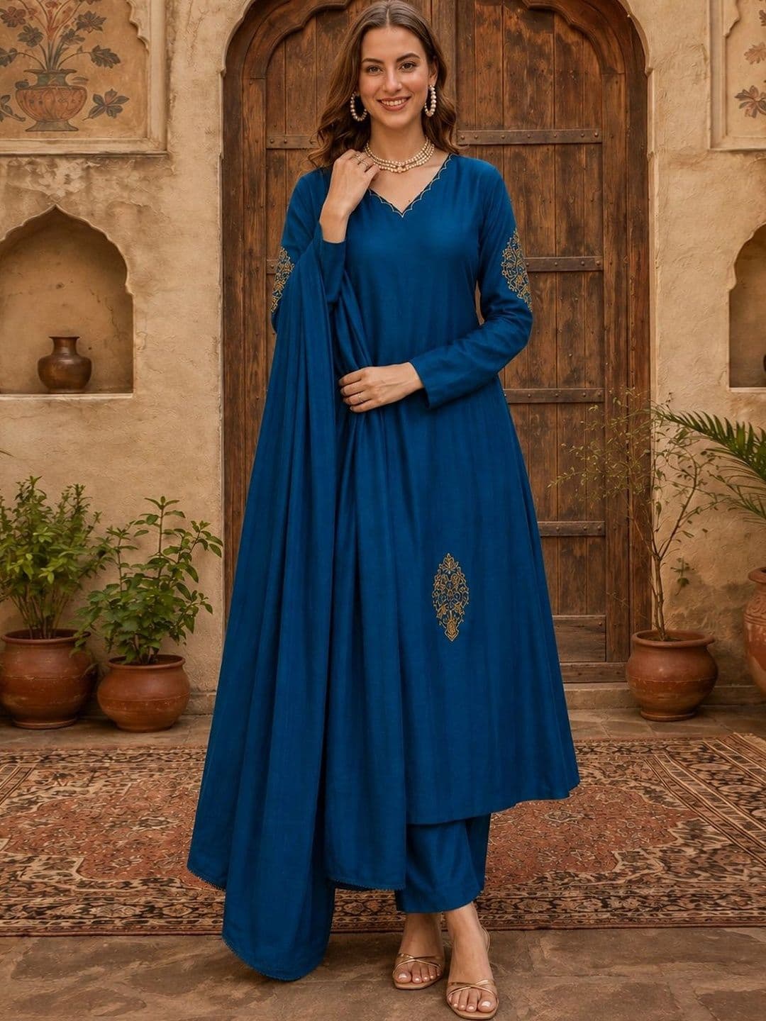Sangria Women Ethnic Motifs Embroidered Kurta with Trousers & With Dupatta - view 1