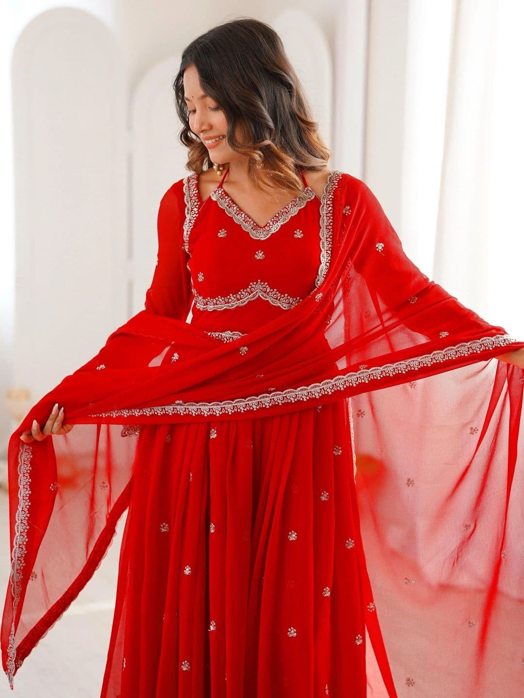 Frenzy Fusion Women Ethnic Motifs Embroidered Angrakha Thread Work Kurta with Palazzos & With Dupatta thumbnail 6