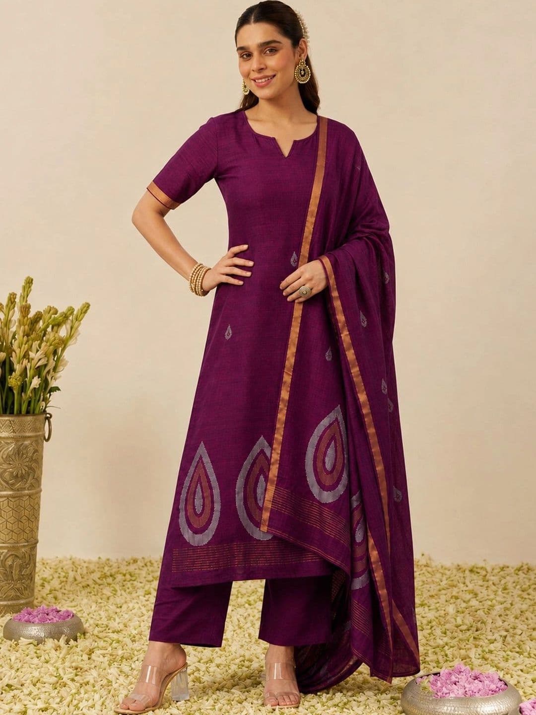 Sangria Women Ethnic Motifs Printed Regular Kurta with Trousers & With Dupatta - view 1