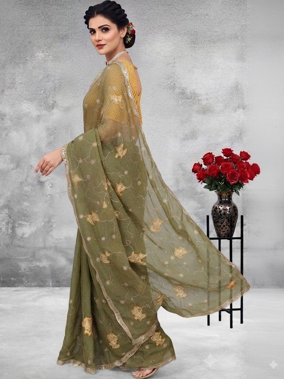 SmileyFashion Floral Embroidered Poly Georgette Saree thumbnail 6