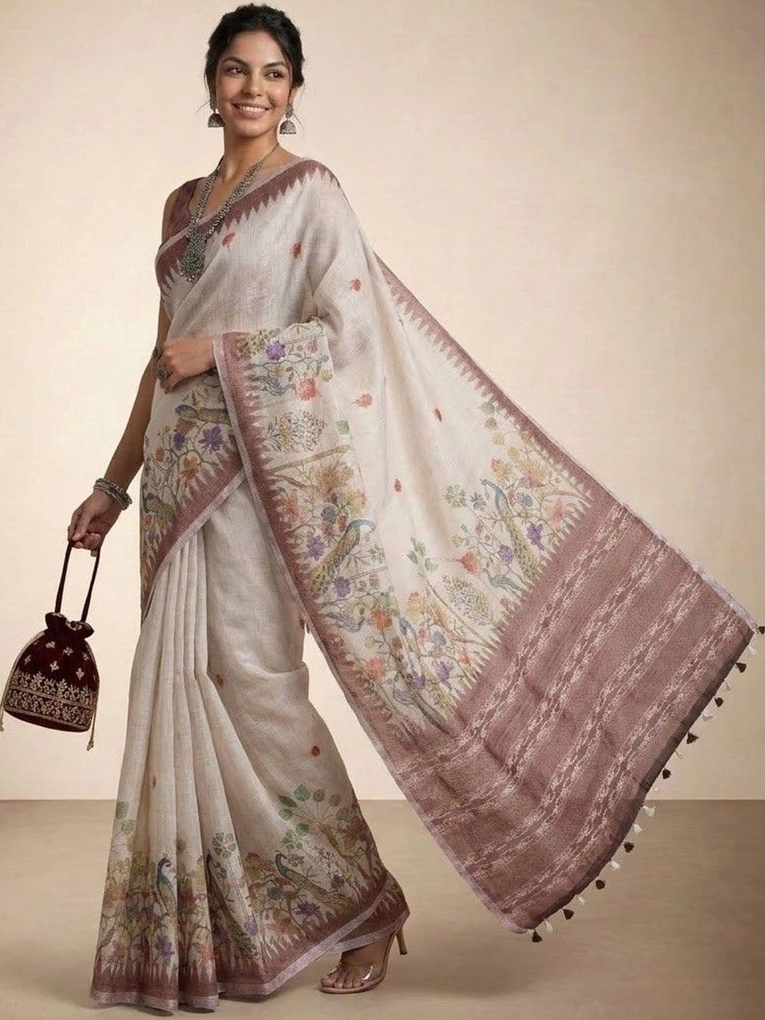 Anouk Floral Linen Blend Jamdani Saree thumbnail 3