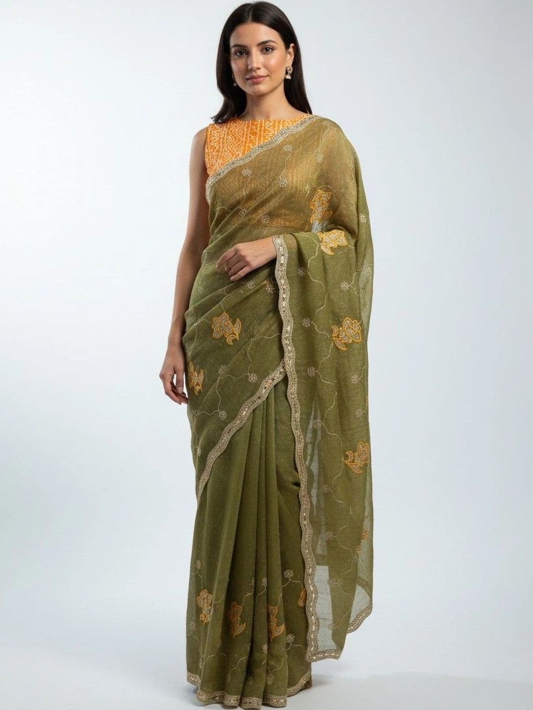 SmileyFashion Floral Embroidered Poly Georgette Saree - view 1