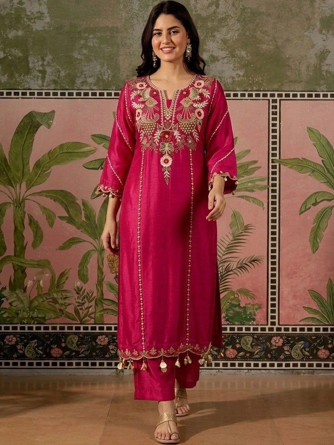 all about you Women Ethnic Motifs Embroidered Regular Thread Work Chanderi Silk Kurta with Trousers & With thumbnail 5