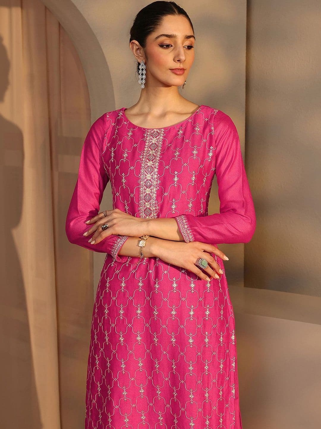 Libas Women Ethnic Motifs Embroidered Regular Thread Work Kurta with Trousers & With Dupatta thumbnail 7