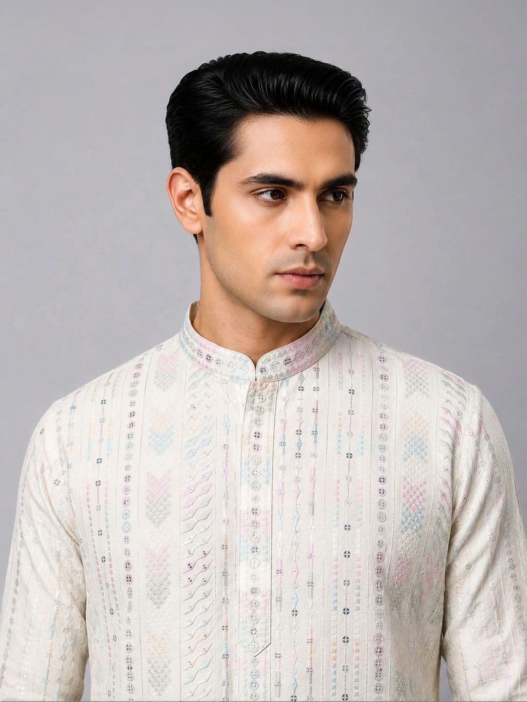 The Dapperman Men Ethnic Motifs Embroidered Thread Work Pastels Kurta thumbnail 2