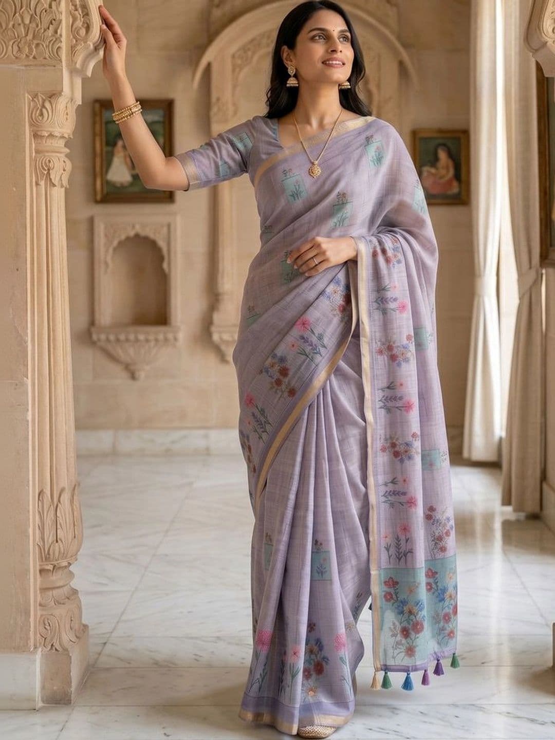 OLIVE SAGE Floral Linen Blend Tussar Saree thumbnail 4