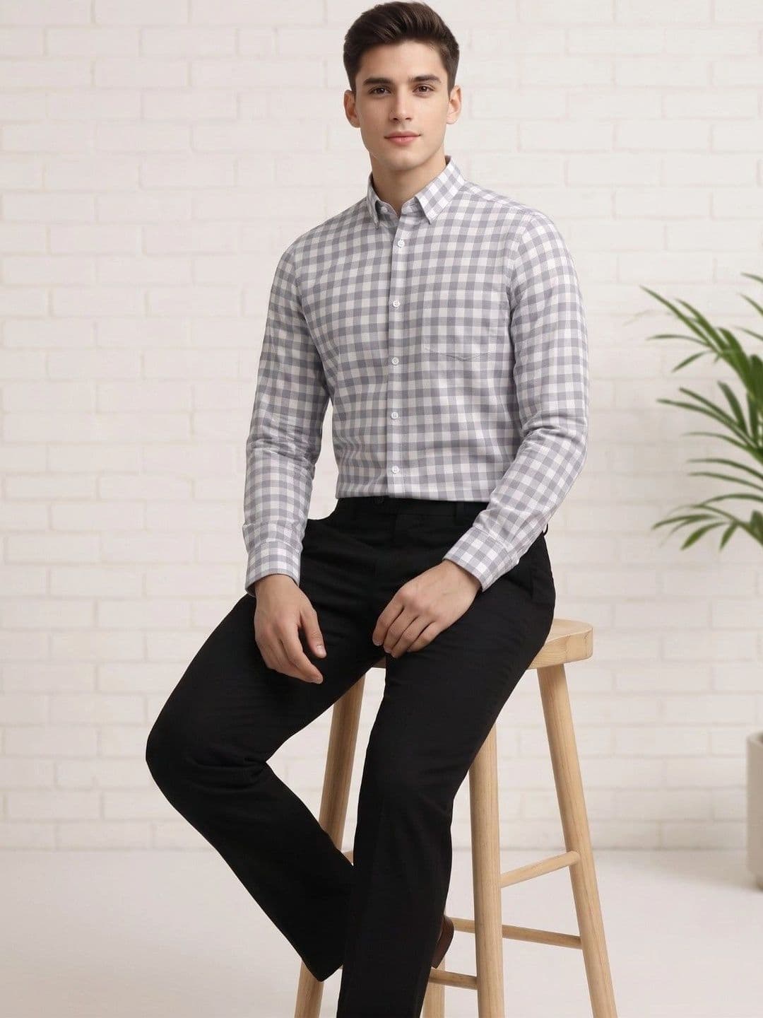 Studio-9 Men Classic Slim Fit Gingham Checks Checked Casual Shirt thumbnail 4