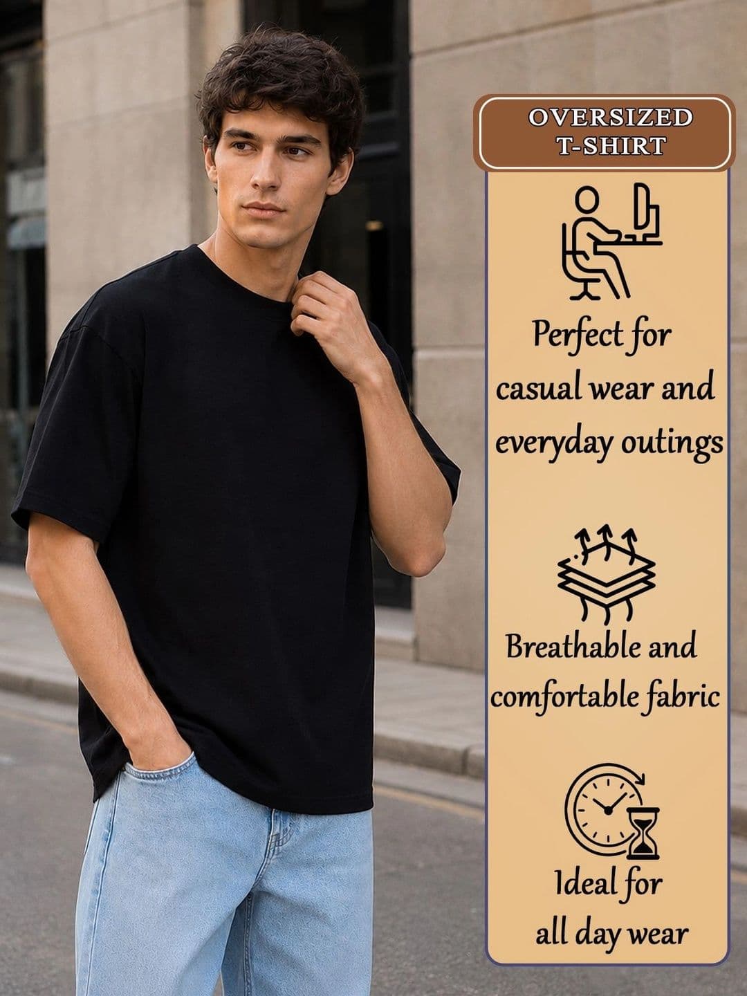 HERE&NOW Men Round Neck Solid T-shirt Black thumbnail 3