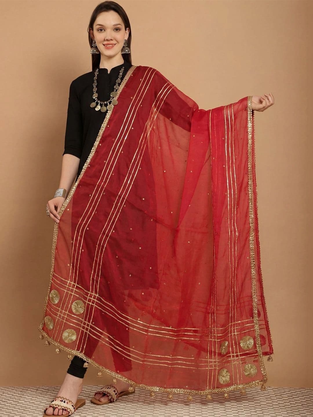 KALINI Ethnic Motifs Embroidered Organza Dupatta with Zari - view 1