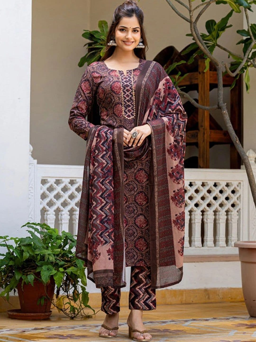 Panzora Women Ethnic Motifs Printed Regular Thread Work Kurta with Trousers & With Dupatta - view 1