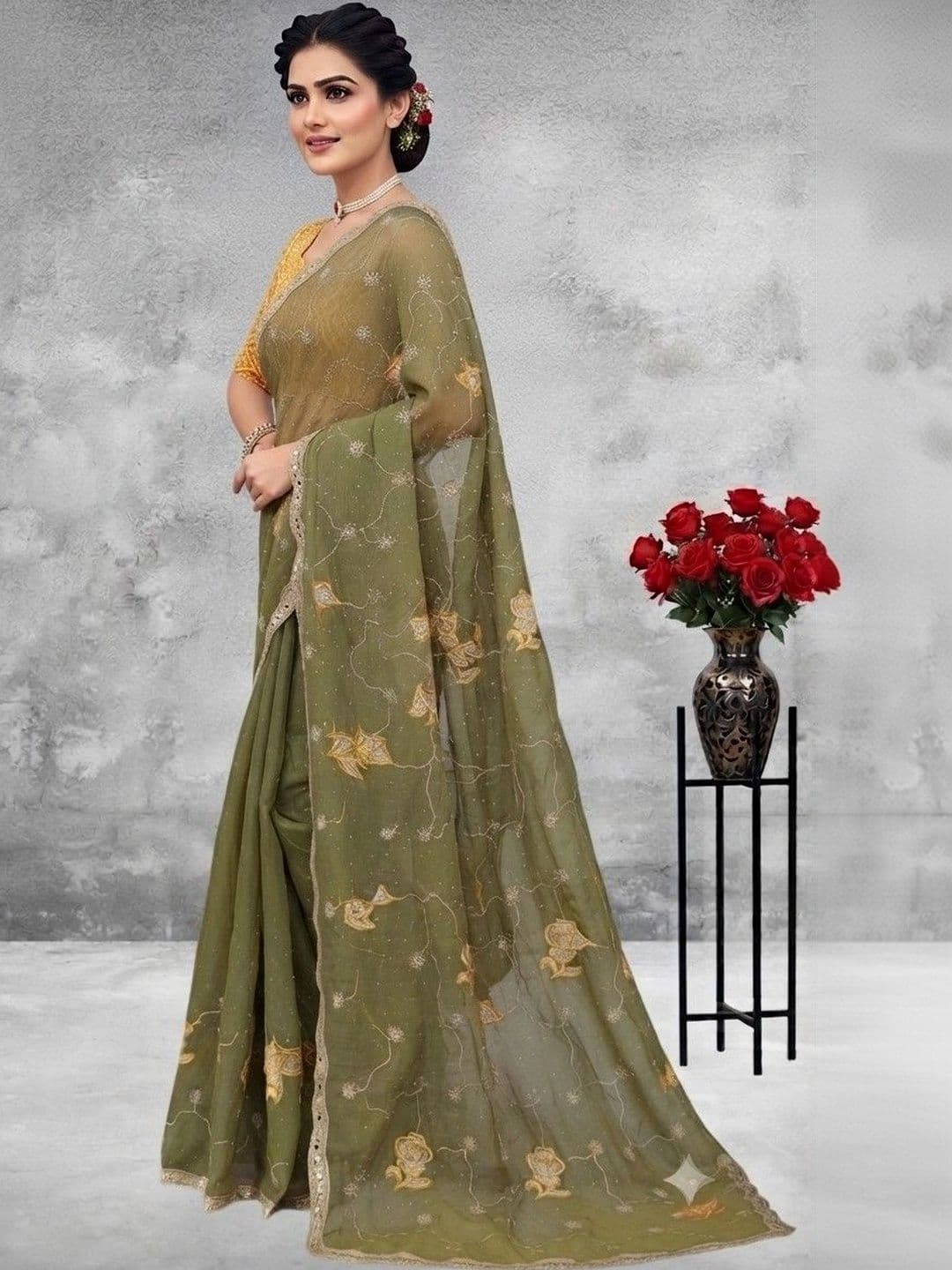 SmileyFashion Floral Embroidered Poly Georgette Saree thumbnail 2