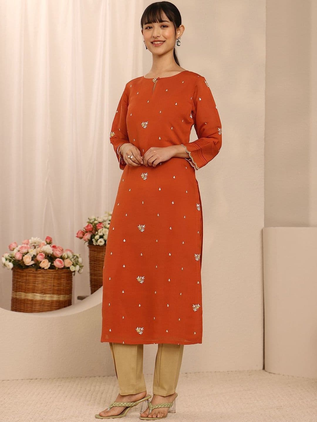 Libas Orange Embroidered Chanderi Cotton Straight Kurta thumbnail 6