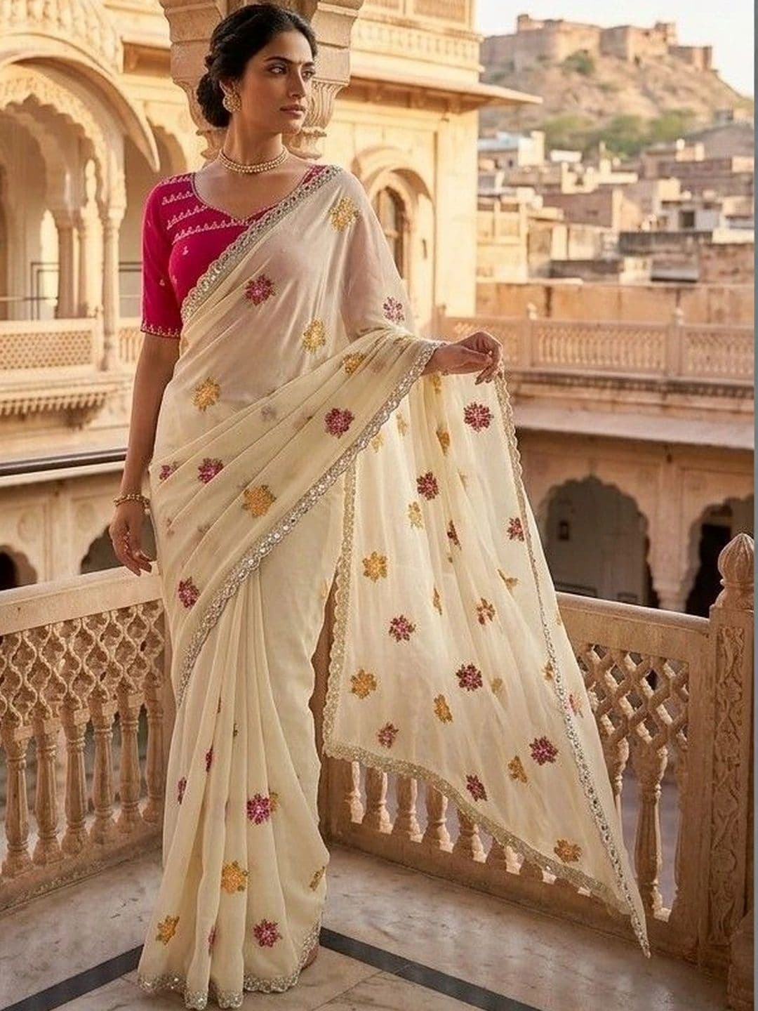 SmileyFashion Floral Embroidered Poly Chiffon Designer Saree thumbnail 3