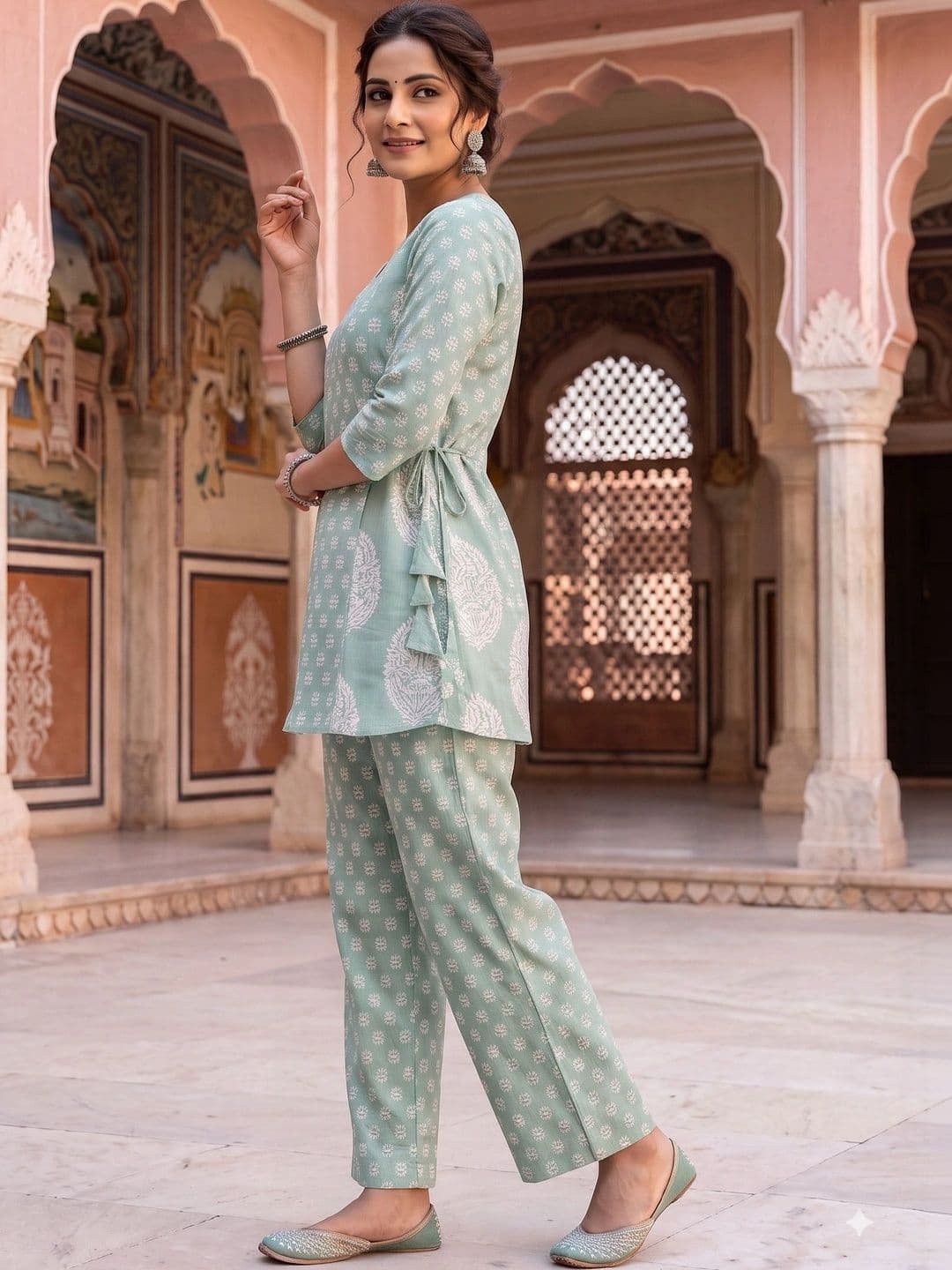 KALINI Women Ethnic Motifs Printed Angrakha Pure Cotton Kurti with Trousers thumbnail 5