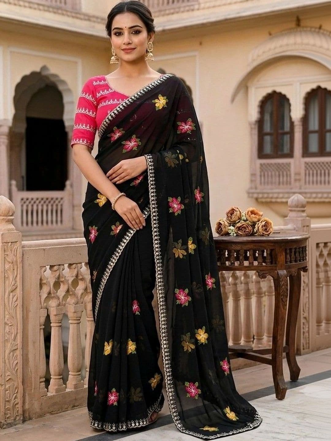 SmileyFashion Floral Embroidered Poly Chiffon Designer Saree thumbnail 5