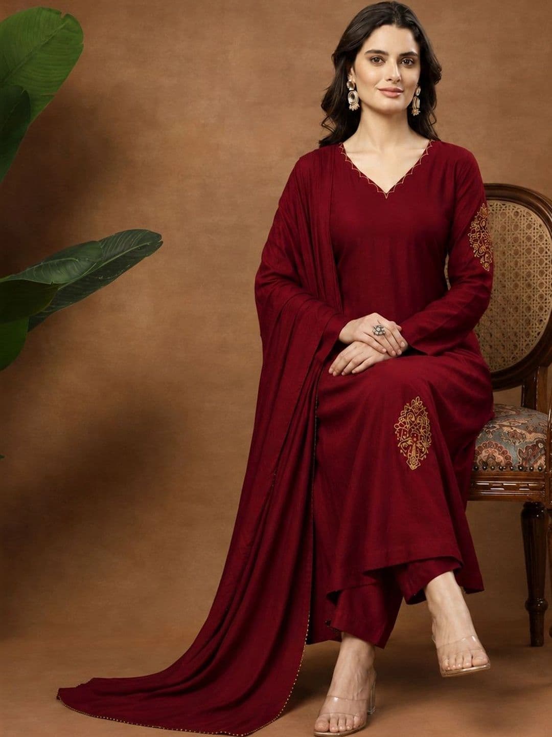 Sangria Women Ethnic Motifs Embroidered Kurta with Trousers & Dupatta thumbnail 3