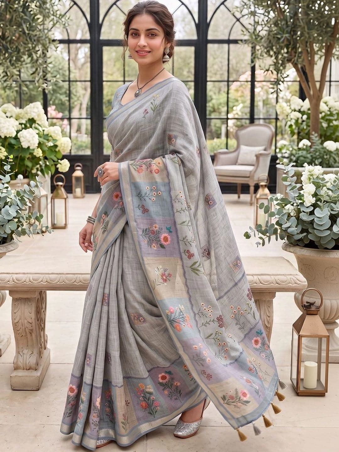 OLIVE SAGE Floral Linen Blend Tussar Saree thumbnail 7