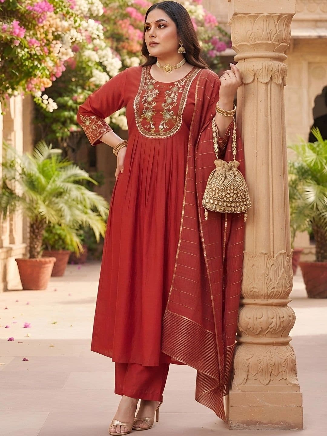 Nayo Women Ethnic Motifs Embroidered Pleated Gotta Patti Chanderi Silk Kurta with Trousers & With Dupatta thumbnail 7