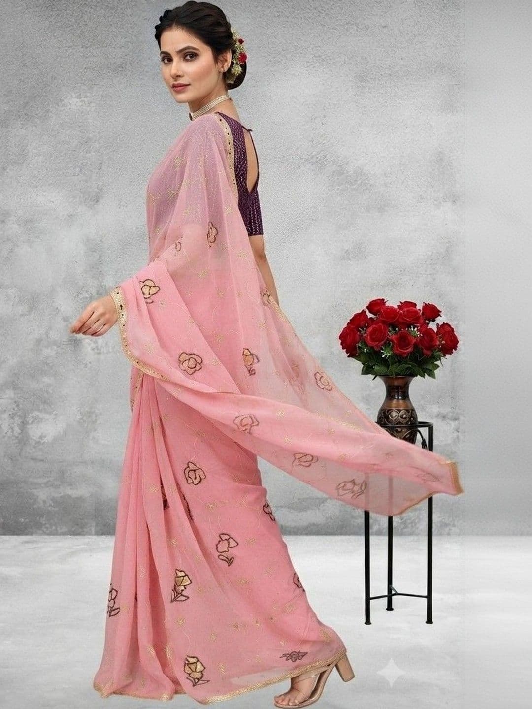 SmileyFashion Floral Embroidered Poly Georgette Saree thumbnail 5