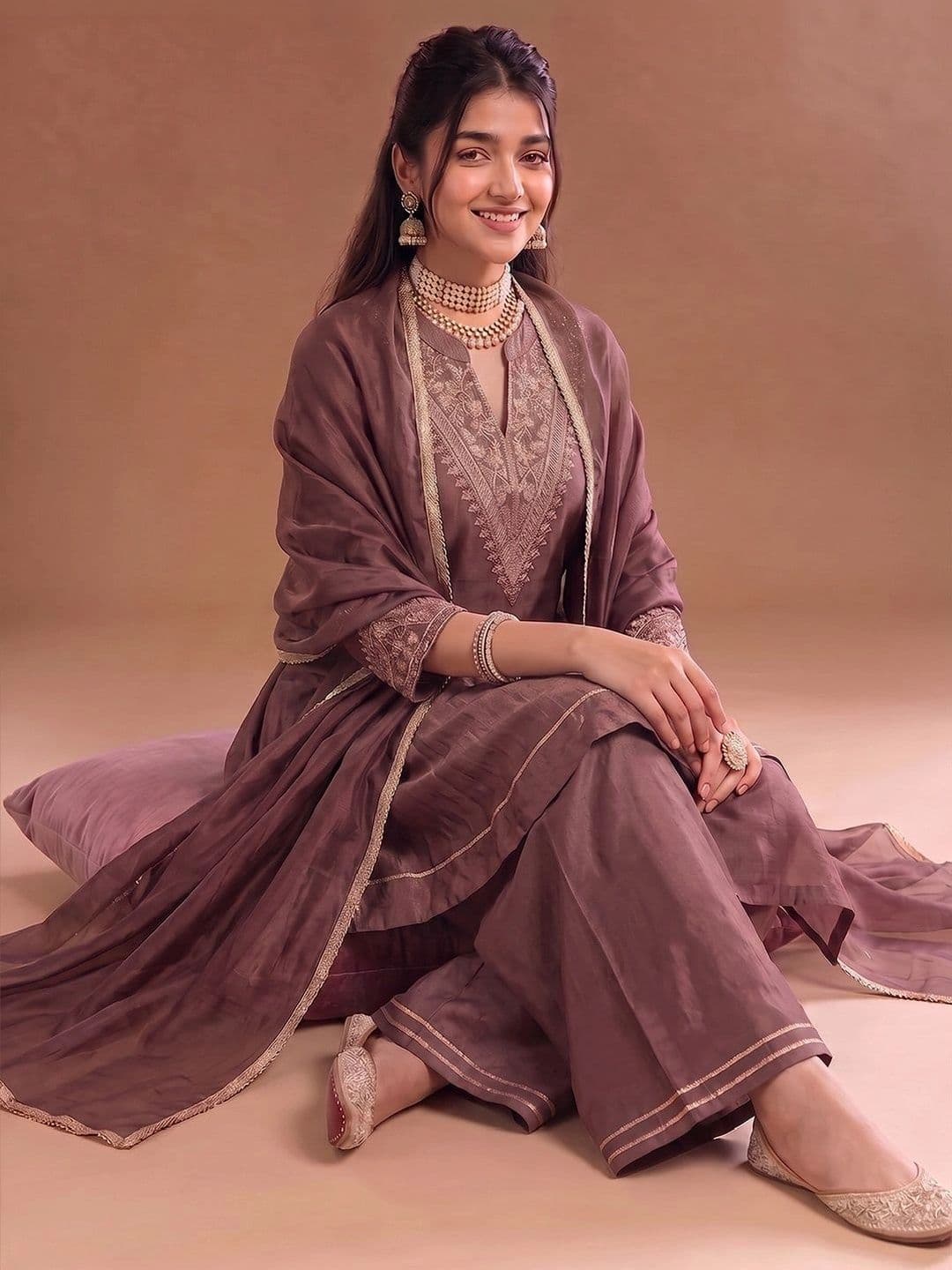 Varanga Women Ethnic Motifs Embroidered Regular Thread Work Kurta with Palazzos & With Dupatta thumbnail 3