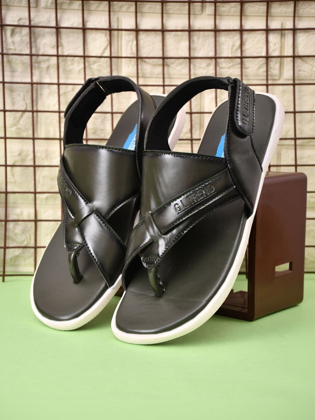 G L Trend Men Leather Comfort Casual Velcro Olive Sandals - view 1
