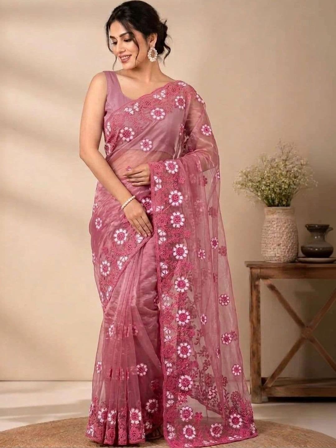 akhodalkrp Floral Embroidered Net Saree - view 1