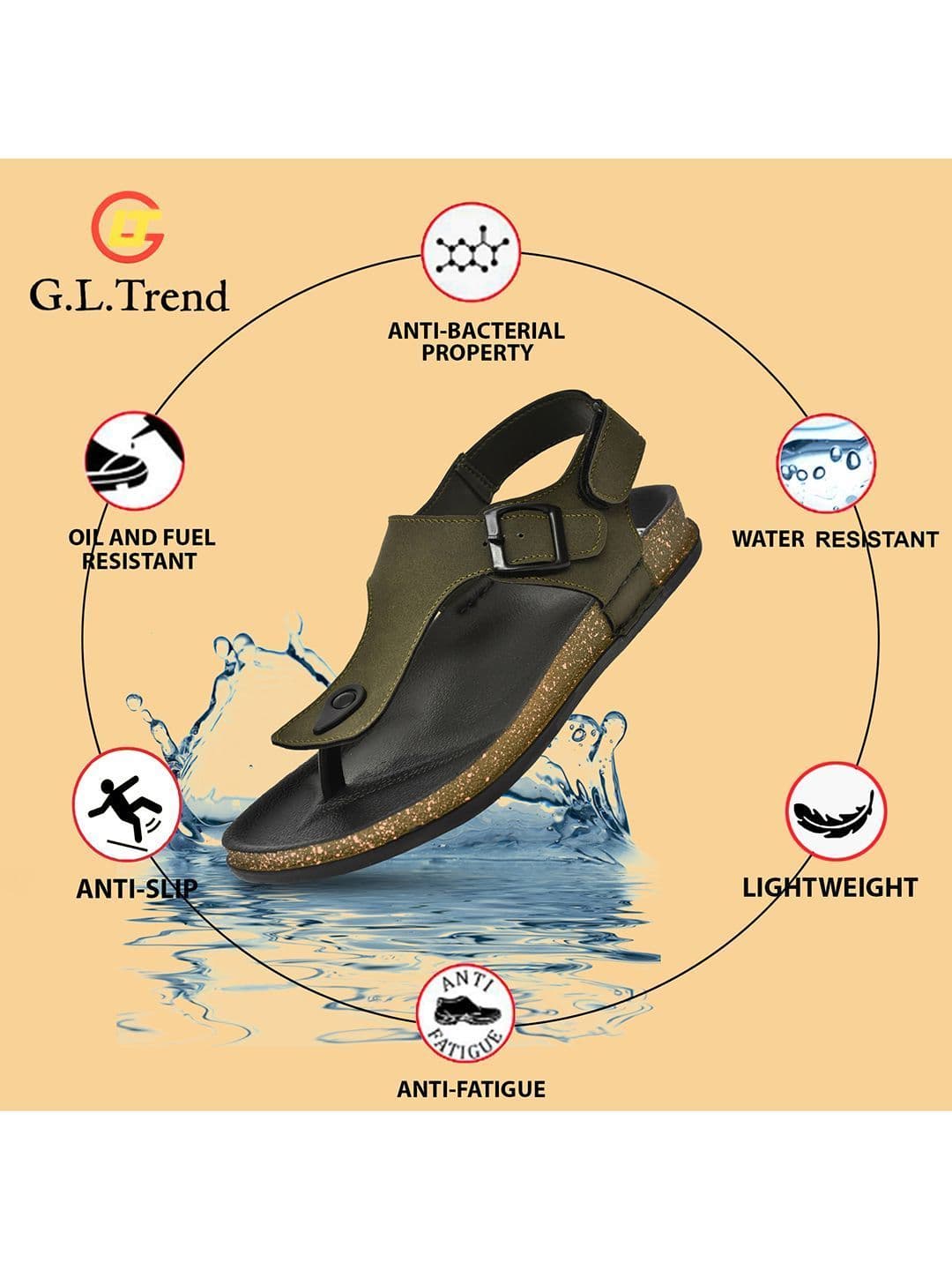 G L Trend Men Casual Iightweight Olive T Strap Velcro Sandals thumbnail 3