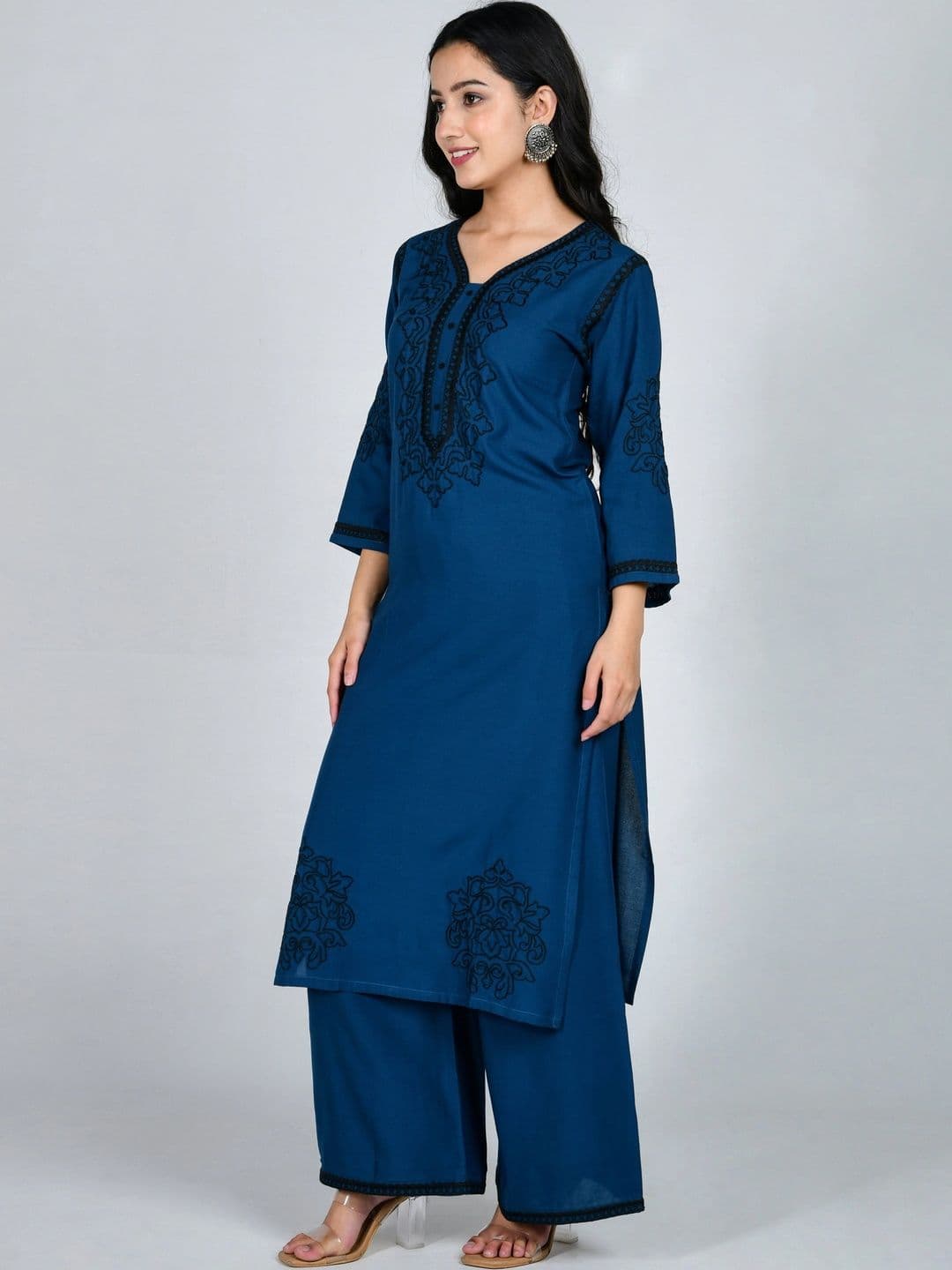 YOJINI Women Ethnic Motifs Embroidered Regular Thread Work Kurta with Palazzos thumbnail 6