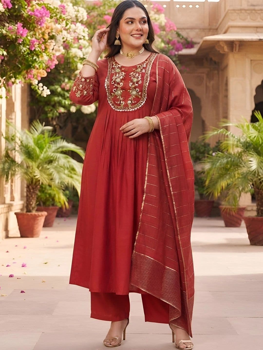 Nayo Women Ethnic Motifs Embroidered Pleated Gotta Patti Chanderi Silk Kurta with Trousers & With Dupatta thumbnail 5