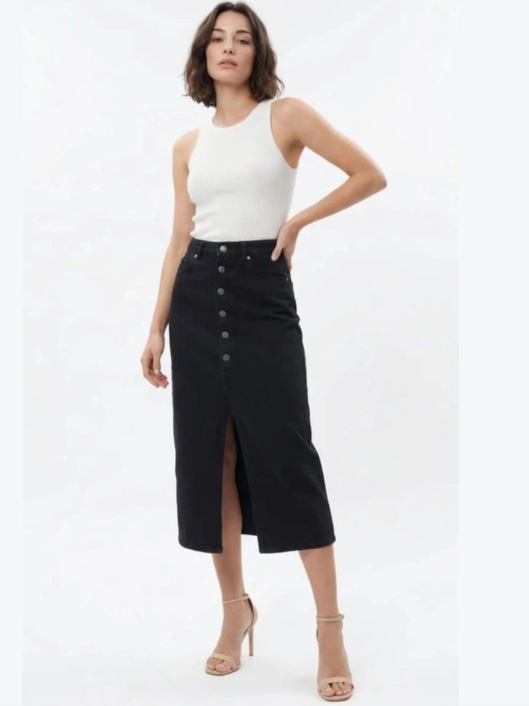 Pink Clap Fashion Women Denim Front Slit Midi Straight Skirt thumbnail 4