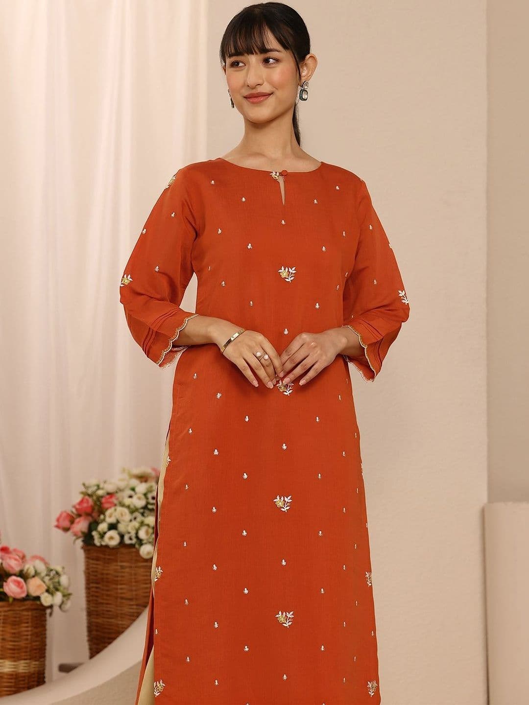 Libas Orange Embroidered Chanderi Cotton Straight Kurta thumbnail 2