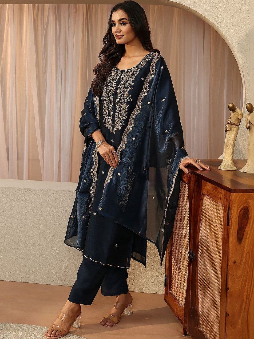 Libas Blue Floral Embroidered Tissue Straight Suit Set - view 1
