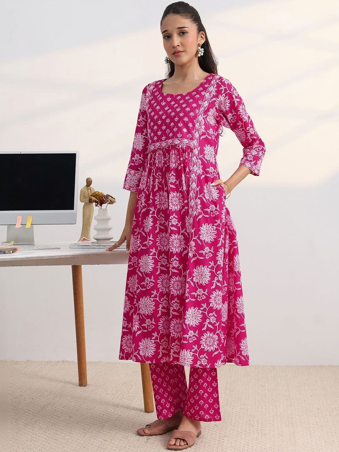 Gerua By Libas Libas Fuchsia Pink Floral Print A-Line Suit Set with Dupatta thumbnail 5