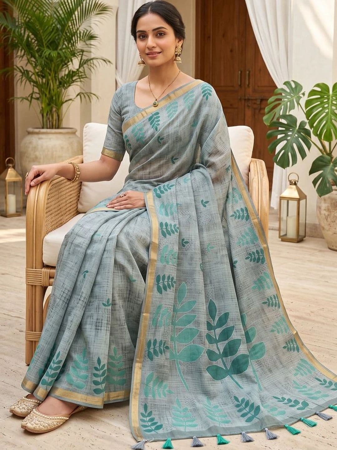 OLIVE SAGE Linen Blend Tussar Saree thumbnail 4