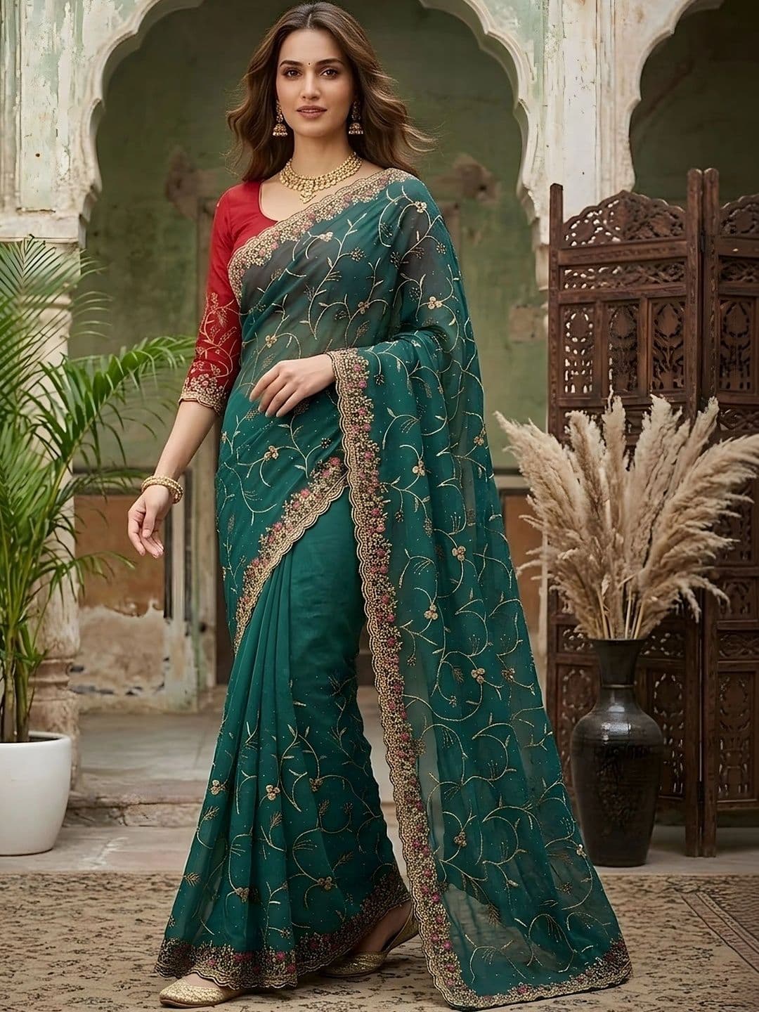 all about you  Women Floral Embroidered Silk Blend Fusion Saree thumbnail 3