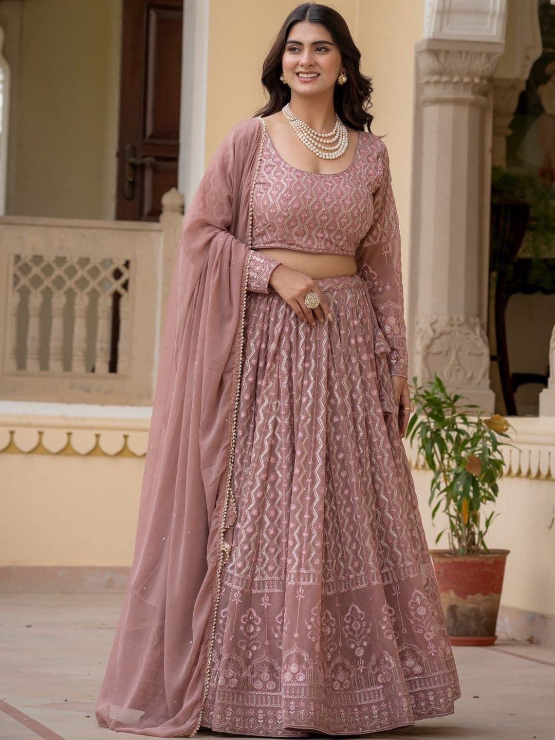 House of Pataudi Embroidered Round Neck Flared Lehenga Choli thumbnail 3