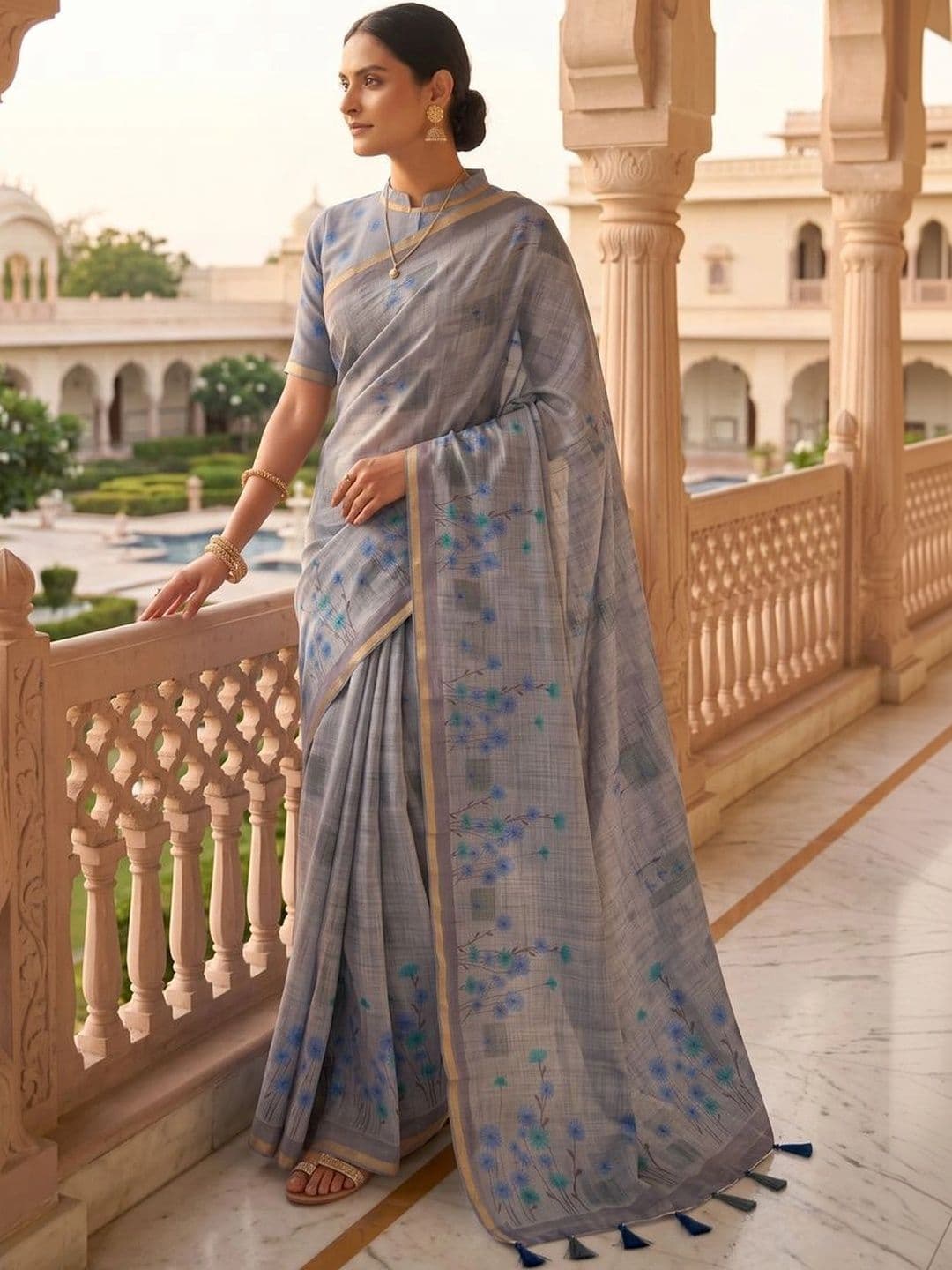 OLIVE SAGE Floral Linen Blend Tussar Saree thumbnail 5