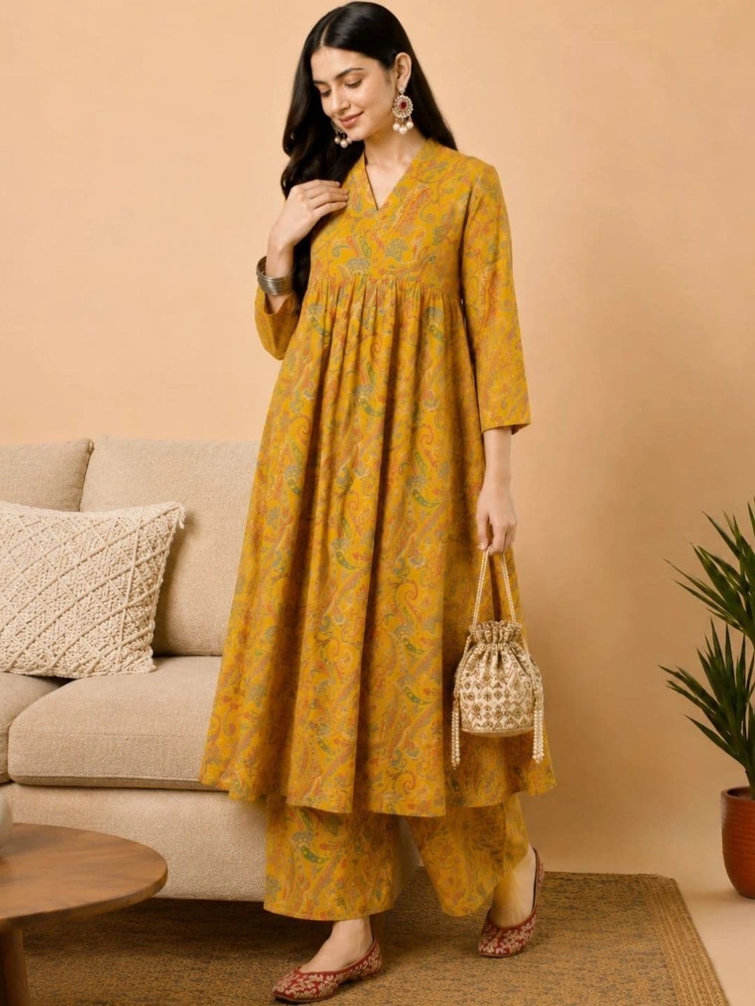 AMOUS Women Paisley Printed Empire Kurta with Palazzos thumbnail 5