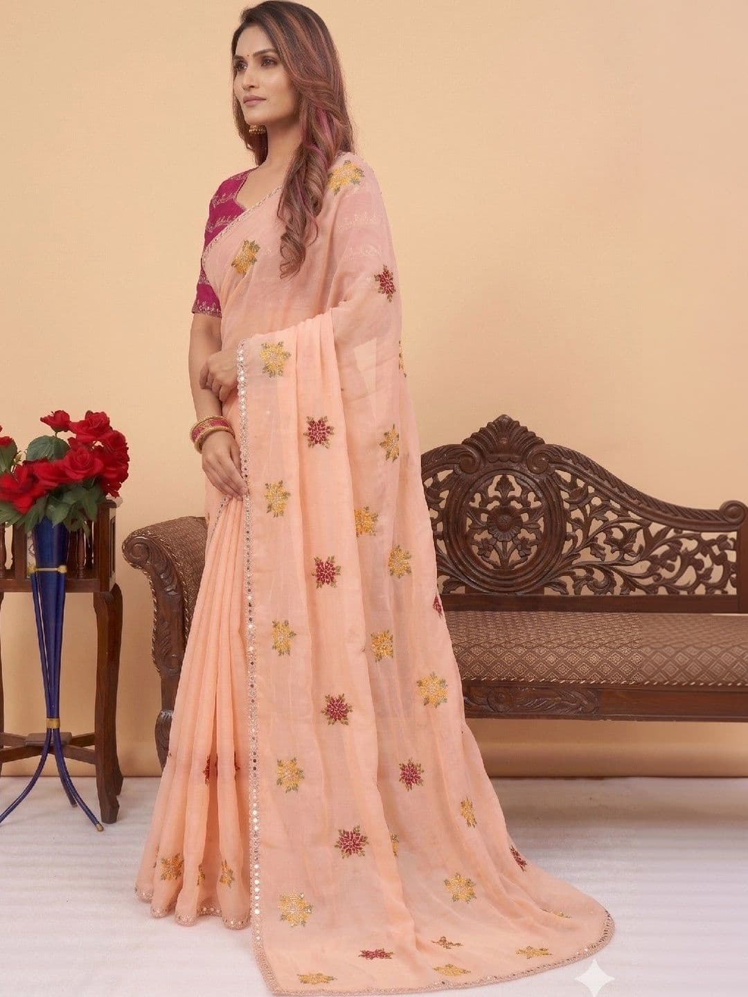 SmileyFashion Floral Mirror Work Poly Chiffon Designer Saree thumbnail 4